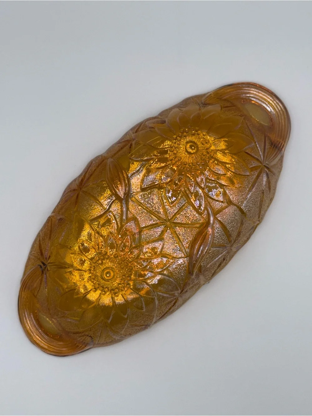 Vintage Indiana Glass Amber Iridescent Floral Celery Serving Dish